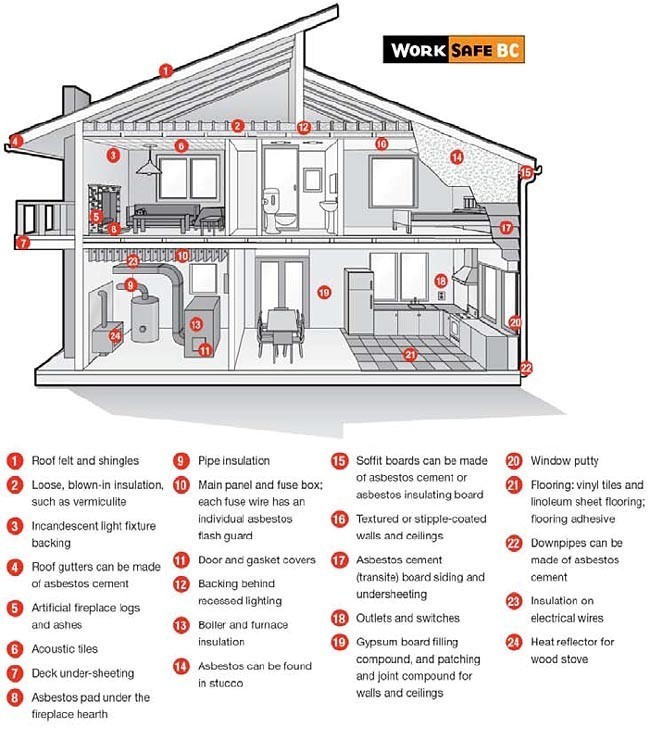 Labelled diagram of house showing potential asbestos locations.
